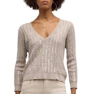 L'AGENCE Beige Cable Knit V-Neck Sequin Embellished Sweater Long Sleeve Top SZ L